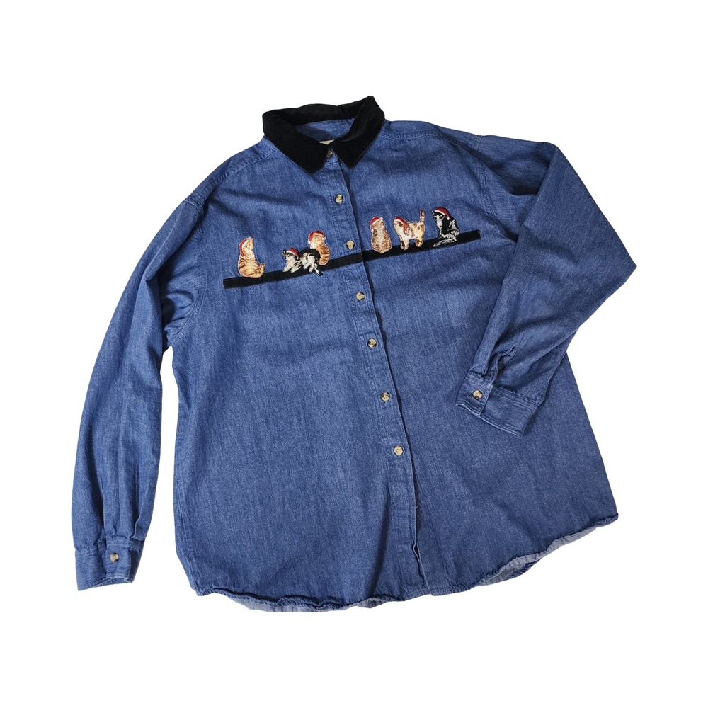 Casey & Max Vintage Christmas Cat Embroidered Denim Shirt XL Velvet Collar Blue